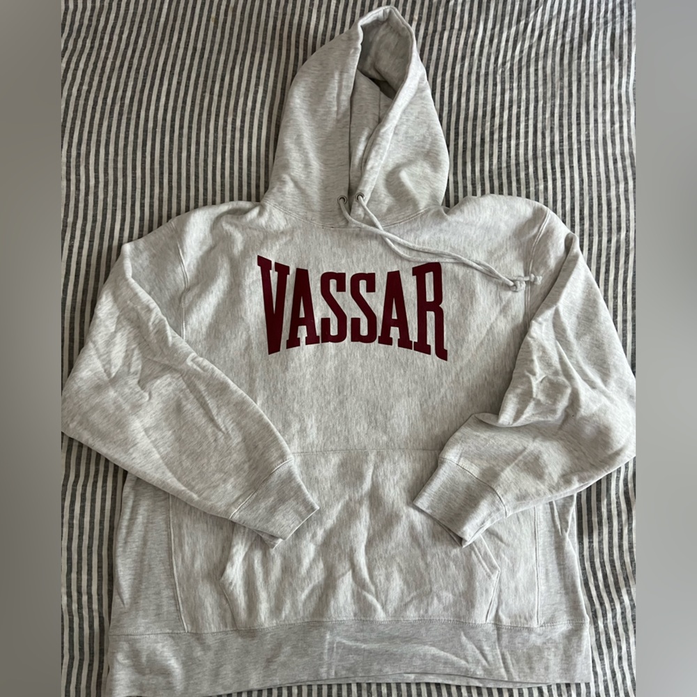 Vassar Men's Hooded Sweatshirt - Light Gray with Maroon Lettering